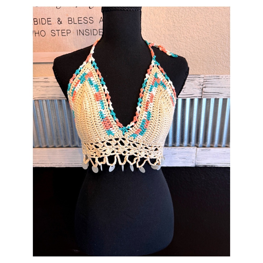 SHEIN Crochet Halter Crop Top Medium Boho Festival Beach Shell Disc Y2K